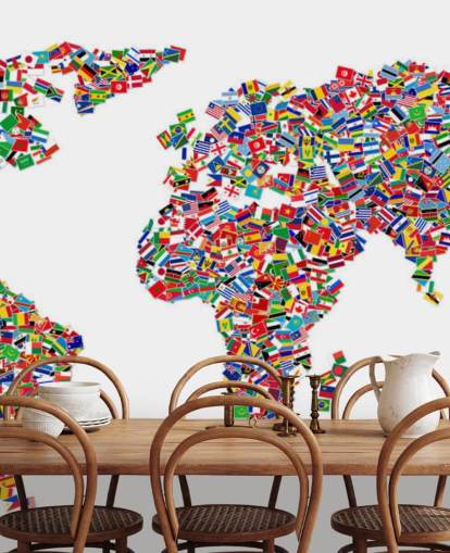 Carte du monde réalisée à partir de papier peint de drapeaux