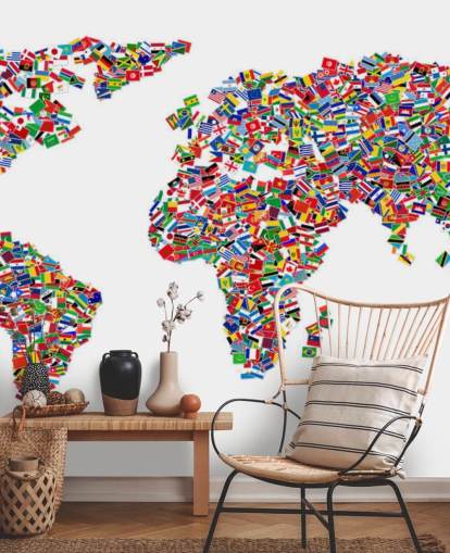 Mappa del mondo realizzata con carta da parati con bandiere