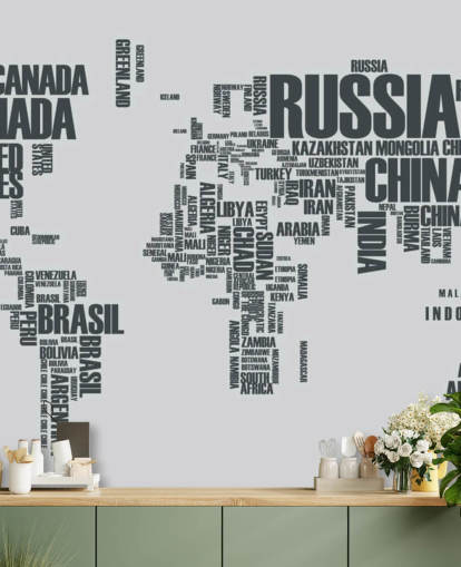Carta da parati murale con nuvole di parole con mappa del mondo