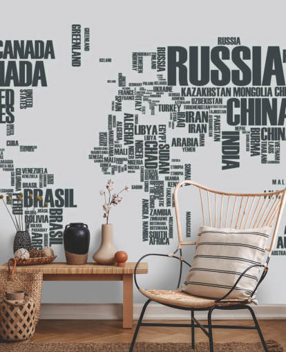 Wereldkaart Word Cloud muurschildering behang
