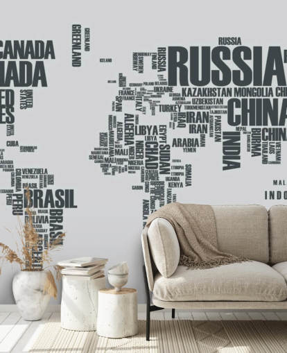 Carta da parati murale con nuvole di parole con mappa del mondo