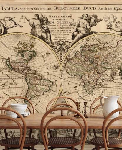 Wandtapete mit Weltkarte im Vintage-Stil