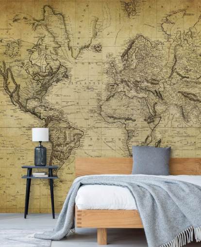 carta da parati murale con mappa del mondo personalizzata marrone sbiadito chiamata mappa vintage del XIX secolo per uffici e camere da letto