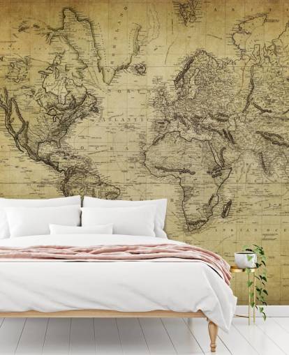 faded brown custom world map wallpaper mural called 19th Century Vintage Map for offices and bedrooms