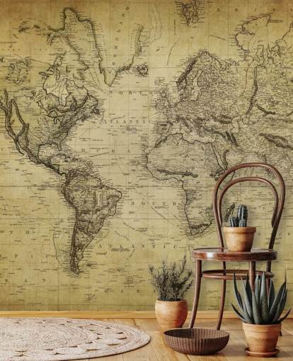 faded brown custom world map wallpaper mural called 19th Century Vintage Map for offices and bedrooms