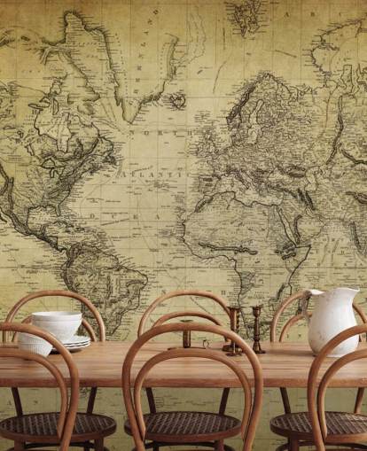 carta da parati murale con mappa del mondo personalizzata marrone sbiadito chiamata mappa vintage del XIX secolo per uffici e camere da letto