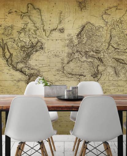 mural de papel pintado de mapa mundial personalizado de color marrón descolorido llamado Mapa vintage del siglo XIX para oficinas y dormitorios
