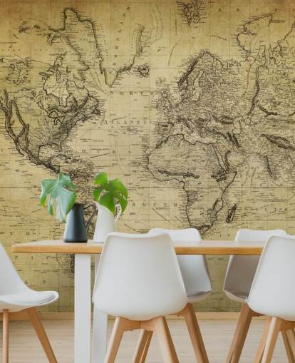 faded brown custom world map wallpaper mural called 19th Century Vintage Map for offices and bedrooms