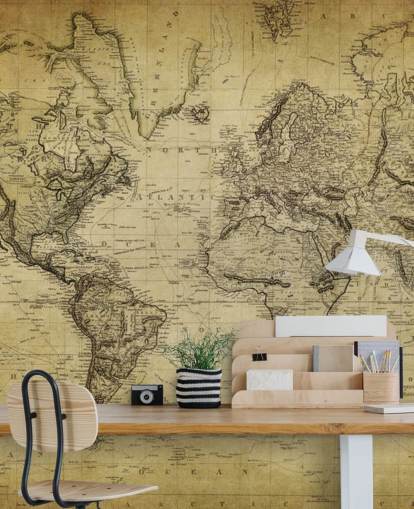faded brown custom world map wallpaper mural called 19th Century Vintage Map for offices and bedrooms