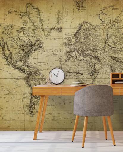 faded brown custom world map wallpaper mural called 19th Century Vintage Map for offices and bedrooms