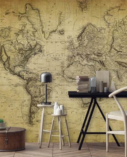 papier peint mural de carte du monde personnalisé brun délavé appelé carte vintage du 19e siècle pour les bureaux et les chambres