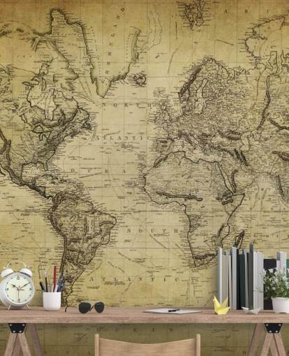 mural de papel de parede de mapa mundial personalizado marrom desbotado chamado Mapa vintage do século 19 para escritórios e quartos