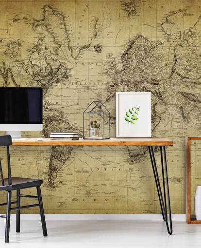 mural de papel pintado de mapa mundial personalizado de color marrón descolorido llamado Mapa vintage del siglo XIX para oficinas y dormitorios