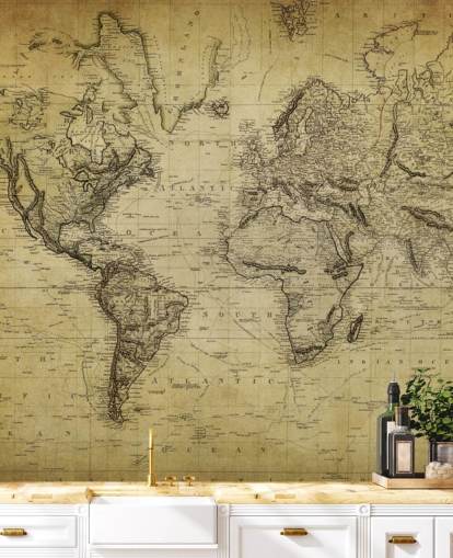 faded brown custom world map wallpaper mural called 19th Century Vintage Map for offices and bedrooms