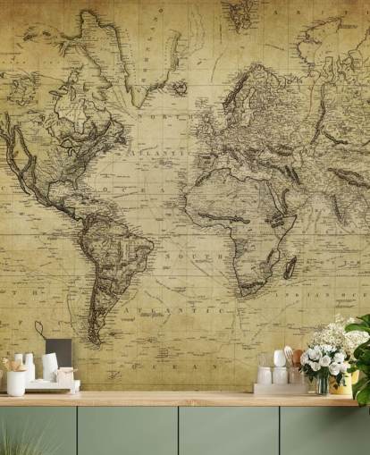 haalistunut ruskea mukautettu maailmankartan taustakuvamaalaus nimeltä 19th Century Vintage Map toimistoihin ja makuuhuoneisiin
