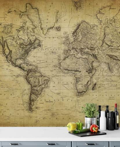 faded brown custom world map wallpaper mural called 19th Century Vintage Map for offices and bedrooms