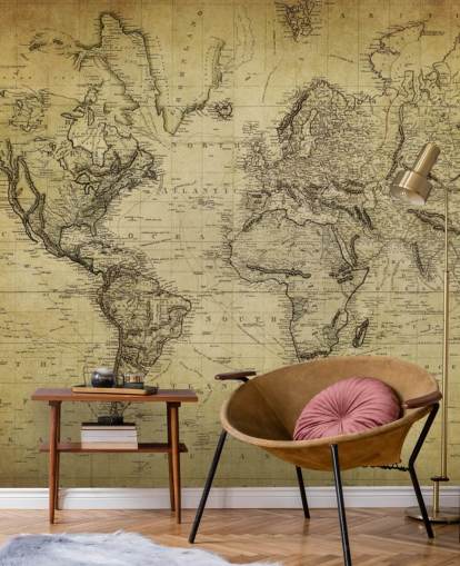 faded brown custom world map wallpaper mural called 19th Century Vintage Map for offices and bedrooms