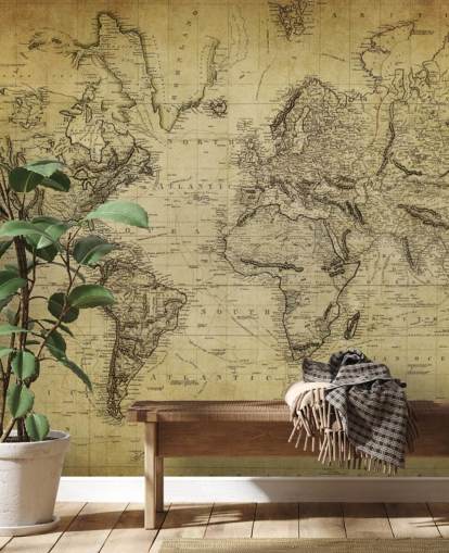 blekbrun anpassad världskarta tapetväggmålning kallad 19th Century Vintage Map för kontor och sovrum