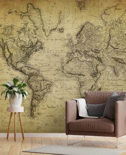 mural de papel pintado de mapa mundial personalizado de color marrón descolorido llamado Mapa vintage del siglo XIX para oficinas y dormitorios