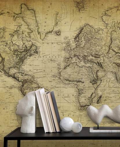 faded brown custom world map wallpaper mural called 19th Century Vintage Map for offices and bedrooms