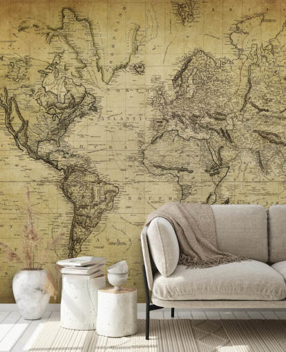 faded brown custom world map wallpaper mural called 19th Century Vintage Map for offices and bedrooms