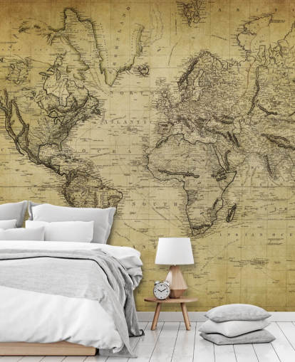 faded brown custom world map wallpaper mural called 19th Century Vintage Map for offices and bedrooms
