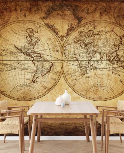 mural de papel pintado de mapa mundial personalizable marrón llamado Mapa mundial del siglo XVIII para sala de estar