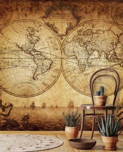 mural de papel pintado de mapa mundial personalizable marrón llamado Mapa mundial del siglo XVIII para sala de estar
