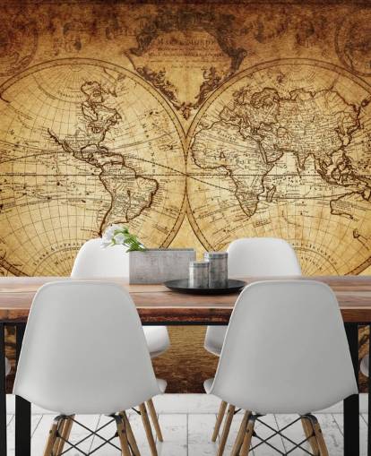 mural de papel pintado de mapa mundial personalizable marrón llamado Mapa mundial del siglo XVIII para sala de estar