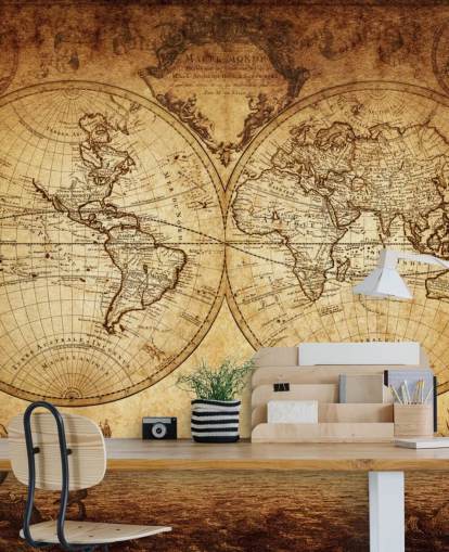 brunt tilpasseligt verdenskort tapetmaleri kaldet 18th Century World Map til stuen brunt tilpasseligt verdenskort tapetmaleri kaldet 18th Century World Map til stuen