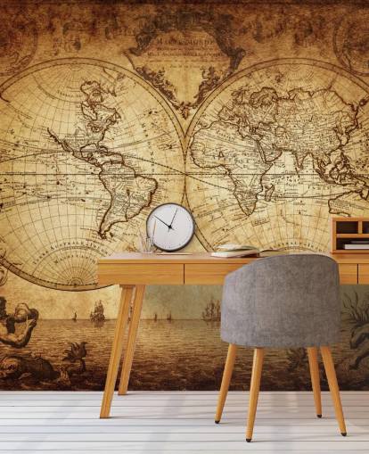 mural de papel pintado de mapa mundial personalizable marrón llamado Mapa mundial del siglo XVIII para sala de estar