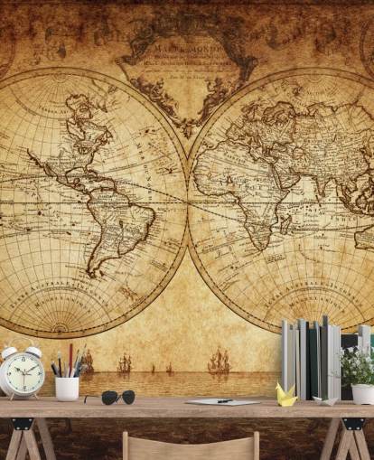 brunt tilpasseligt verdenskort tapetmaleri kaldet 18th Century World Map til stuen