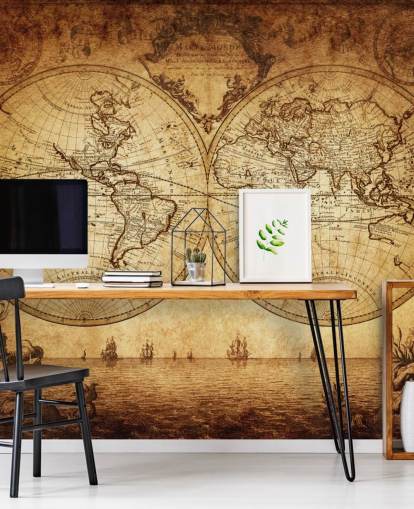 brunt tilpassbart verdenskart tapet veggmaleri kalt 18th Century World Map for stue