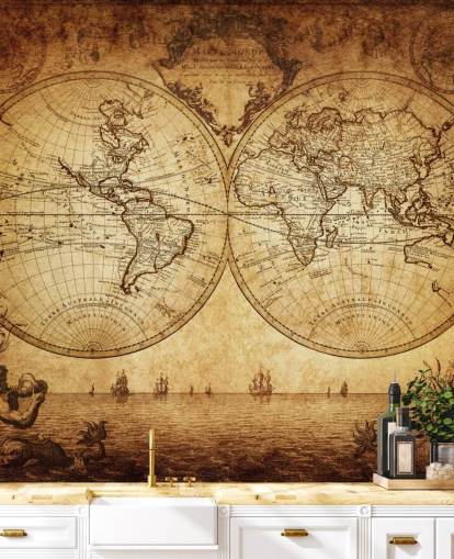 mural de papel pintado de mapa mundial personalizable marrón llamado Mapa mundial del siglo XVIII para sala de estar