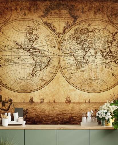 brunt tilpasseligt verdenskort tapetmaleri kaldet 18th Century World Map til stuen brunt tilpasseligt verdenskort tapetmaleri kaldet 18th Century World Map til stuen