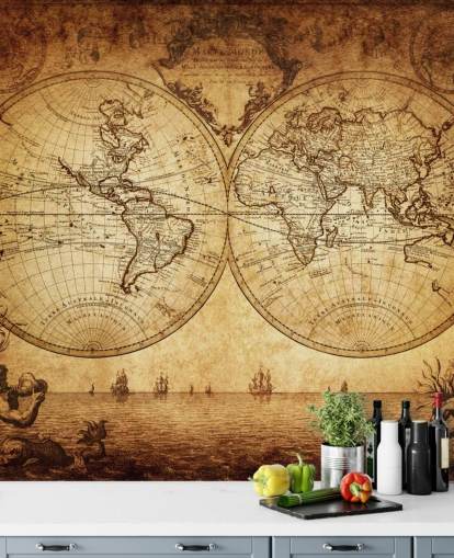 brunt tilpasseligt verdenskort tapetmaleri kaldet 18th Century World Map til stuen brunt tilpasseligt verdenskort tapetmaleri kaldet 18th Century World Map til stuen