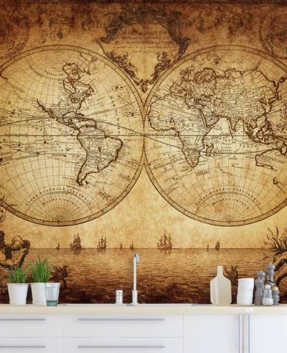 brunt tilpasseligt verdenskort tapetmaleri kaldet 18th Century World Map til stuen