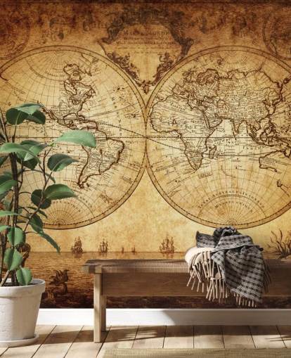 brown customizable world map wallpaper mural called 18th Century World Map for living room
