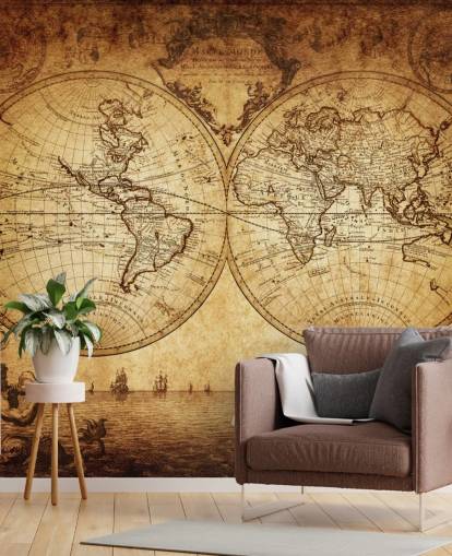 brown customisable world map wallpaper mural called 18th Century World Map for living room