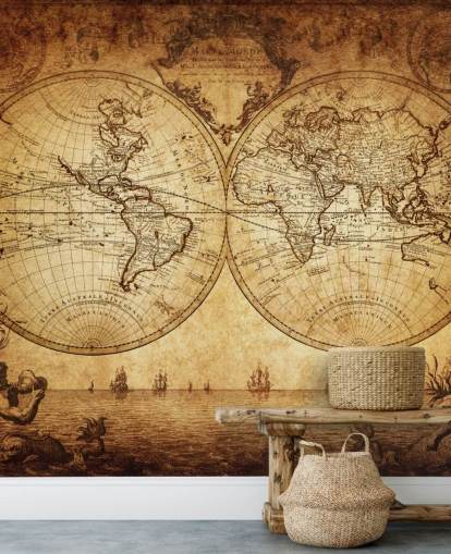 brunt tilpassbart verdenskart tapet veggmaleri kalt 18th Century World Map for stue