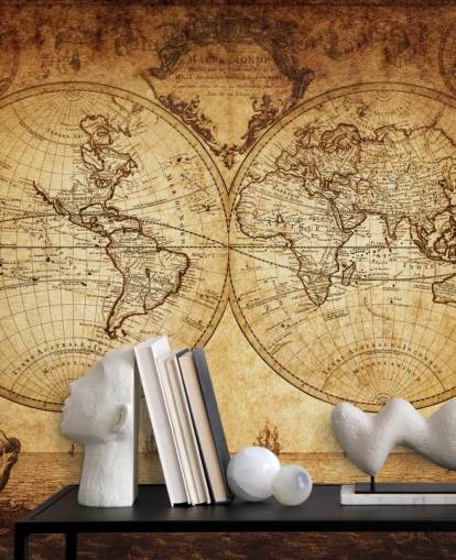 mural de papel pintado de mapa mundial personalizable marrón llamado Mapa mundial del siglo XVIII para sala de estar
