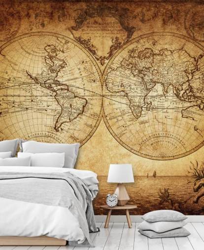 brunt tilpassbart verdenskart tapet veggmaleri kalt 18th Century World Map for stue