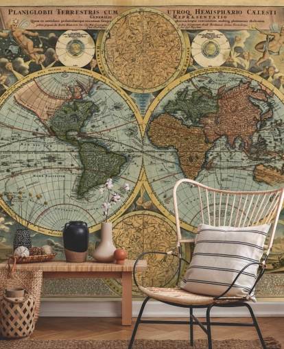 mural de papel de parede de mapa mundial de estilo vintage chamado Mapa Antigo para residências, escritórios e quartos