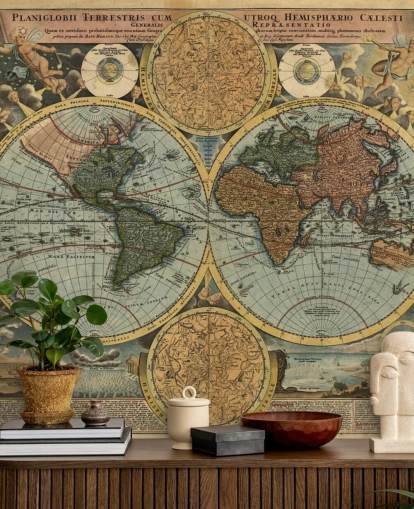mural de papel de parede de mapa mundial de estilo vintage chamado Mapa Antigo para residências, escritórios e quartos