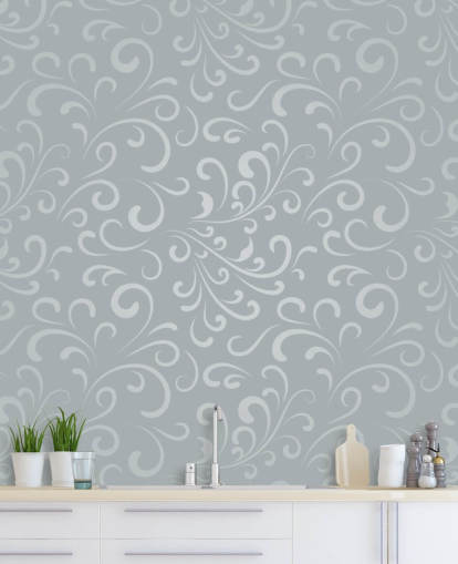 Papel pintado con diseño de remolino gris plateado