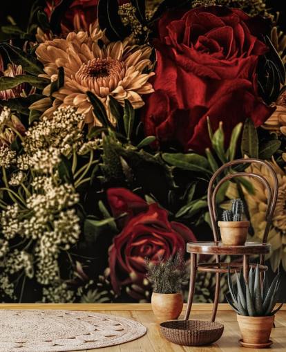 Carta da parati con rose e fiori scuri