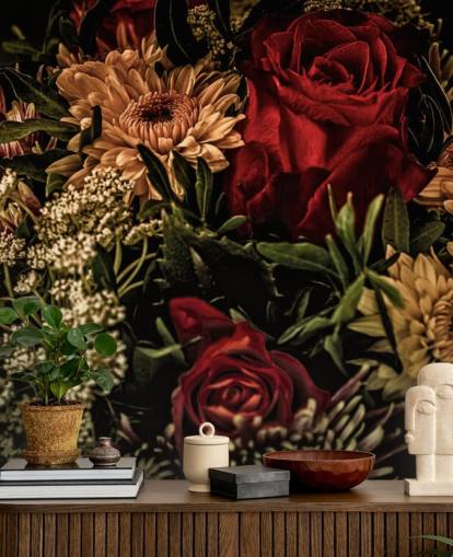 Donker bloemen behang met rozen en bloemen Donker bloemen behang met rozen en bloemen