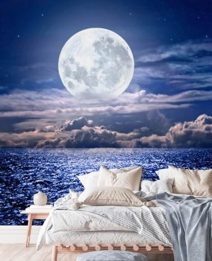 White Moon Blue Sky and Ocean Wallpaper