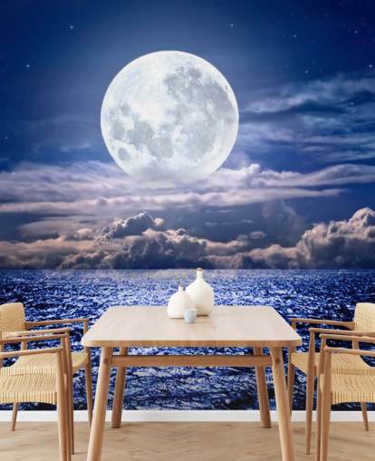 White Moon Blue Sky en Ocean Behang White Moon Blue Sky en Ocean Behang
