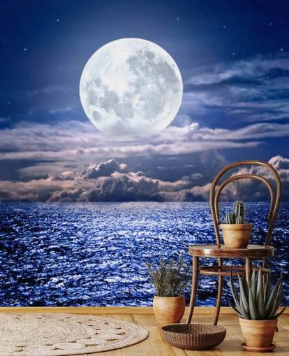 White Moon Blue Sky and Ocean Wallpaper